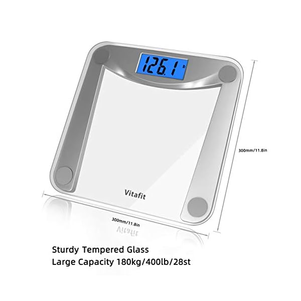 Vitafit-Digital-Body-Weight-Bathroom-Scale-Weighing-Scale-with-Step-On-TechnologyExtra-Large-Blue-Backlit-Display-and-Batteries-Included-400-PoundsClear-Glass Vitafit Digital Bathroom Scale for Body Weight,Weighing Professional Since 2001,Extra Large Blue Backlit LCD and Step-On, Batteries Included, 400lb/180kg,Clear Glass,Silver