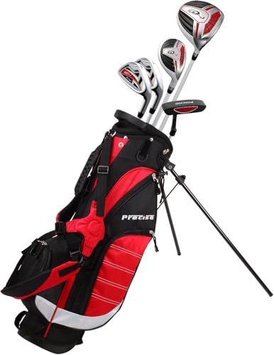 Precise XD-J Junior Complete Kids Golf Clubs Set - Boys & Girls Left Handed Golf Clubs for Kids w/Driver Hybrid Irons Putter Stand Bag & Headcovers - Youth Golfing Club Set for Ages 6-8 - Red