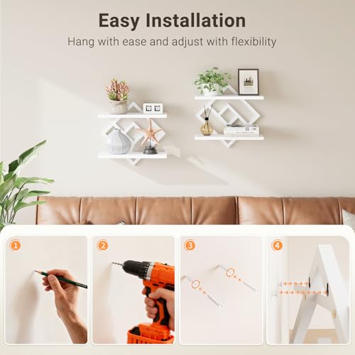 Image of ELYKEN Floating Shelves for Wall, Set of 2 Hanging Shelves, 2-Tier Wall Mounted Storage Shelves for Books & Decor, Perfect for Living Room, Bedroom, Kitchen, Home Office, Study, White