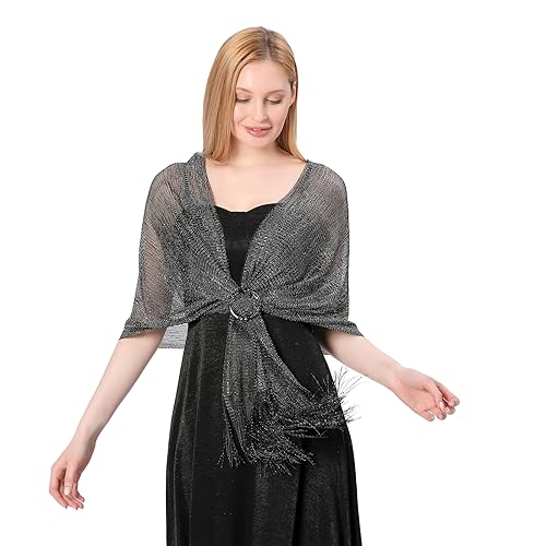 Image of Stoles for Evening Dress with Buckle, Fringes - Polyester Blend, Shimmer Stole Wraps for Weddings, Party | Women's Clothing