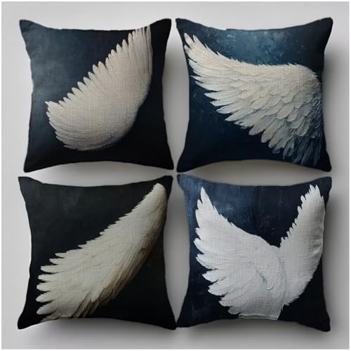 Outdoor Cushions Covers 55x55 Set of 4, Wing Cushions Covers Feather Pattern Design, Waterproof Velvet Throw Pillow with Invisible Zipper, Decorative Pillows for Outdoor, Home, Living, Garden,Model560