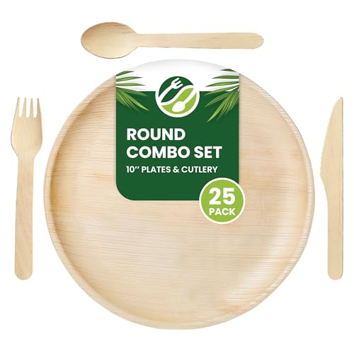 Eco Leaf 100pcs Disposable Palm Leaf Plates and Wooden Cutlery Set 25 Large Round Plates 25 Forks 25 Knives 25 Spoons Eco-Friendly Biodegradable Perfect for Parties Events and Catering