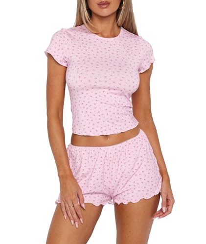 Image of Lacozy Cute Pajamas for Women Set 2 Piece Short Sleeve Pjs Floral Graphic Crop Top Y2K Summer Sleepwear Lounge Set