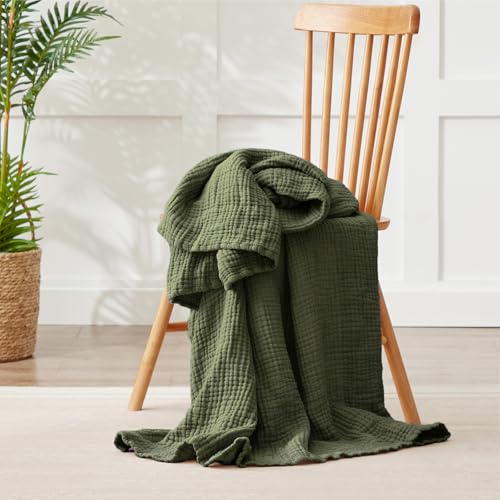 100% Cotton Muslin Blanket Twin 66" x 90", Breathable and Lightweight Twin Blankets for Couch, Soft Cooling Summer Gauze Blanket for Adults All Season, Olive Green