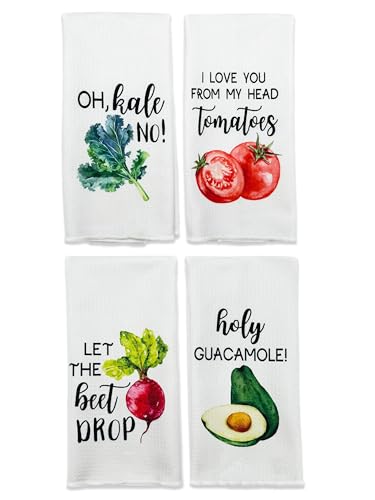 Buildinest Funny Foodie Kitchen Towels, Set of 4 Vegetables Dish Towels for Washing Drying Dishes, Decorative Hand Tea Towels for Birthday Housewarming Hostess Wedding Shower Christmas Gifts-A56