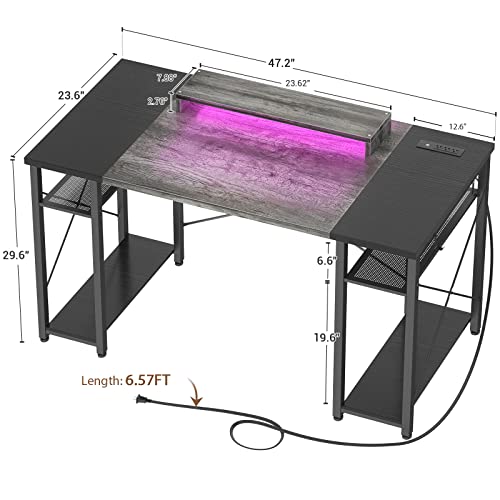 Armocity Computer Desk With Led Lights, 48 Inch Desk With Power Outlet And Usb, Reversible Large Desk With Moveable Monitor Stand, 48'' Gaming Pc Table For Home Office, Workstation, Grey And Black #TOP2