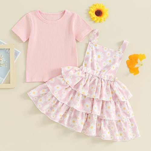 Image of Toddler Baby Girl Summer Clothes Kids Short Sleeve Solid T-Shirt Ruffle Daisy Skirts Overalls Dress Outfit 18M-6T