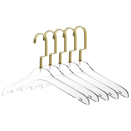 Quality Hangers 5 Pack 12.5 Inches Kids Size Acrylic Hangers – Crystal Clear Hangers for Kids Clothes 7-10 Years Old with Wide Gloss Gold Metallic Hook - Acrylic Children Shirt Suit Coat Hanger