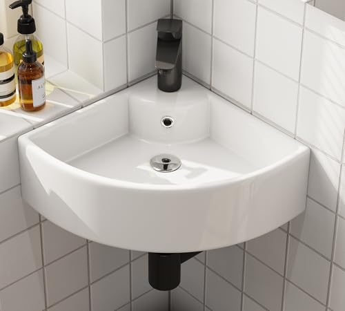 Lavabo de Esquina con Borde Fino - Montado en la Pared Para Invitados, Cerámica con Orificio Para Grifo en Baño - 46 x 31 cm