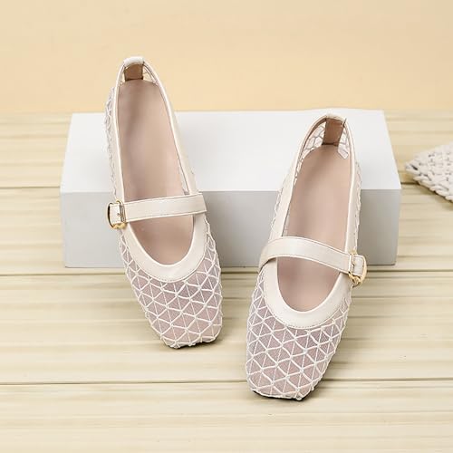 Womens Mary Janes Mesh Flats Shoes Comfortable Buckle Strap Close Square Toe Ballet Flats Comfy Casual Office Fishnet Ballerina Shoes3