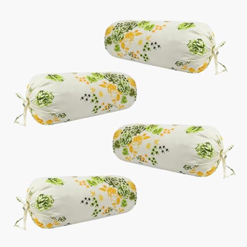 Image of Swayam Set of 4 Pure Cotton Bolster Cover | 30x30 Inch | Soft Breathable Masnad Cover 160TC | Durable & Washable | Floral Print Bolster Cover for Diwan, Bed & Sofa - Green & Cream