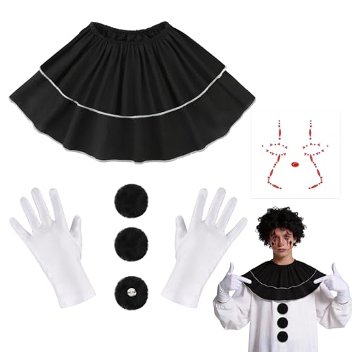 4PCS Accesorios Halloween Disfraz Payaso Asesino Adulto Niño, Cuello Payaso Asesino Gemas Faciales Botón de Pompón Guantes Blancos, Clown Costume Disfraz Halloween Carnaval Mascarada Fiesta de Cosplay