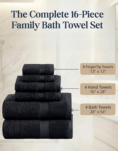 Image of LANE LINEN 100% Cotton Towel Set for Bathroom - 16 Piece - Super Soft, Hotel Quality - 4 Bath, 8 Wash Cloths, 4 Hand Towels for Bathroom - Classic, Gentle on Skin, Ideal for Spa & Daily Use - Black