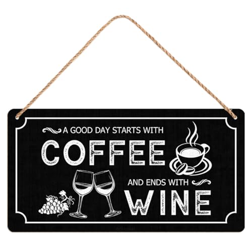 Product Image of the Coffee Bar Wood Signs Funny Inspirational Home Decor Vintage Art Poster Wooden Hanging Plaque for Cafe Kitchen Office 10x5 Inch (A Good Day Starts With Coffee And Ends With Wine)
