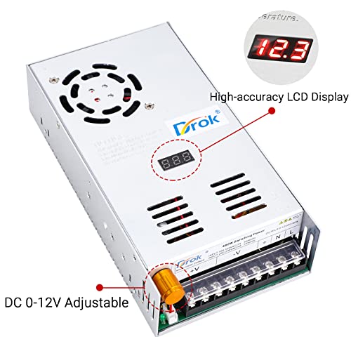 Image of DROK 12V Power Supply, AC 110V 220V to DC 0-12V 40A 480W Buck Converter, Adjustable Variable LED Adapter Regulated 5V 6V 9V 12Volt Voltage Transformer 10A 20A 30A 40Amp Charger for Lab CCTV