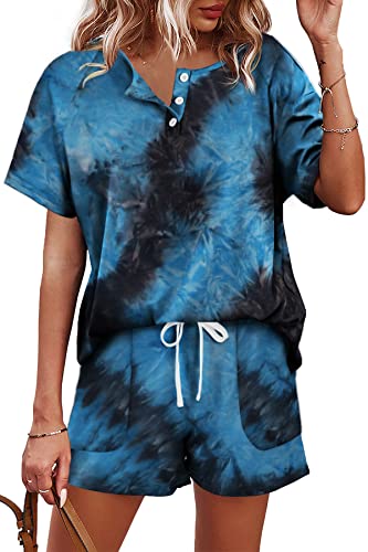 WIHOLL Lounge Sets for Women Pajama Set Two Piece Outfits Casual Summer Tie Dye Blue M