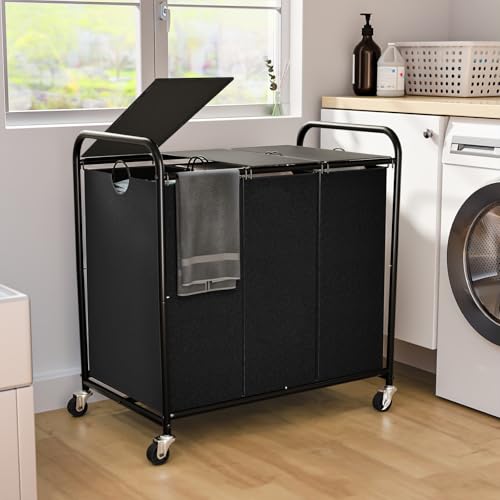 180L (47.55 Gal) Laundry Sorter 3 Section, Rolling Laundry Basket with Lockable Wheels and Lid, Laundry Hamper with 3 Separated Removable Bags Dirty Clothes Hamper for Laundry Room Organizer, Black