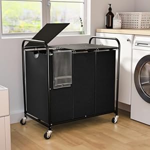 180L (47.55 Gal) Laundry Sorter 3 Section, Rolling Laundry Basket with Lockable Wheels and Lid, Laundry Hamper with 3 Separated Removable Bags Dirty Clothes Hamper for Laundry Room Organizer, Black