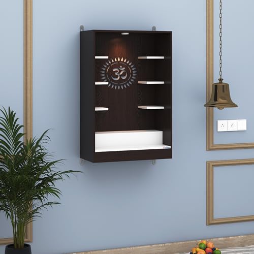 Image of Anikaa Niketana Wooden Wall Mount Mandir for Home | Pooja Temple with LED Light, Om Back Panel & 6 Shelves | Hindu Wooden Temple for Home & Office Decoration | Wenge /White (DIY), Size(32x20x8 Inches)