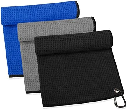 Golf Towels 3 Pack Microfiber Men's Golf Towel for Golf Bags Waffle Pattern Super Absorbent 16"*16" (Black Grey Blue, 3)
