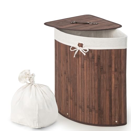 Giantex Corner Laundry Hamper with Lid, 58 L Bamboo Laundry Basket with Removable Liner & Handle...