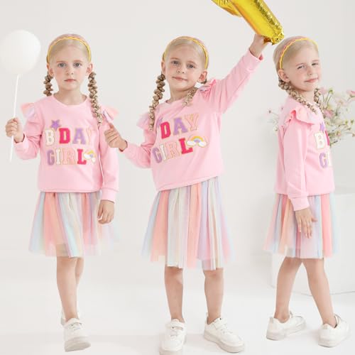WISREMT Toddler Girls Dress Baby Fall Clothes Letter Embroidery Long Sleeve Sweatshirt and Tutu Skirt Girl Birthday Outfit3