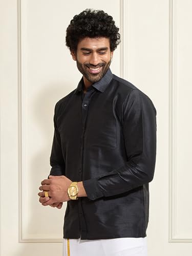 Image of VASTRAMAY Men's Ethnic Silk Blend Shirt Full Sleeves - South Indian Shirt in Rose Gold, for Casual, Formal | Festive Ethnic Outfit For Rakhi