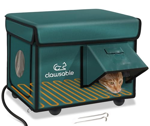 Indestructible Heated Cat House for Outside Cats Winter, 100% Weatherproof, Safe Escape Door, Insulated Outdoor Cat Shelter with Heater for Feral Barn Cat Kitty (Forest Green, 12"x16"x14")