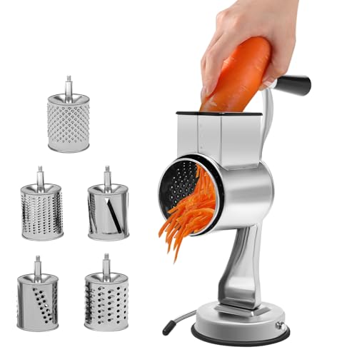 PBTERDTF Manuelle Kartoffelreibe Gemüseheobel 403 Edelstahl Trommelschneider Nussmühle KäSereibe Multifunktion Küchen Reibe mit 5 Trommeln für Käse Gurken Karotten Kartoffeln (Tischtyp)
