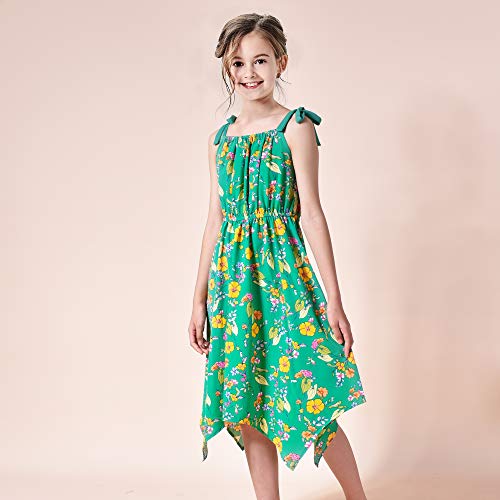 Sunny Fashion Girls Dress Green Flower Asymmetrical Hem Skirt Tank Dress2