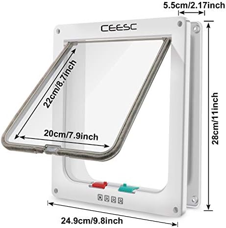CEESC Large Cat Flap (Outer Size 11" x 9.8"), 4 Way Locking Large Cat Flap Door for Interior Exterior Doors, Weatherproof Pet Door for Cats & Doggie with Circumference < 24.8" (White)