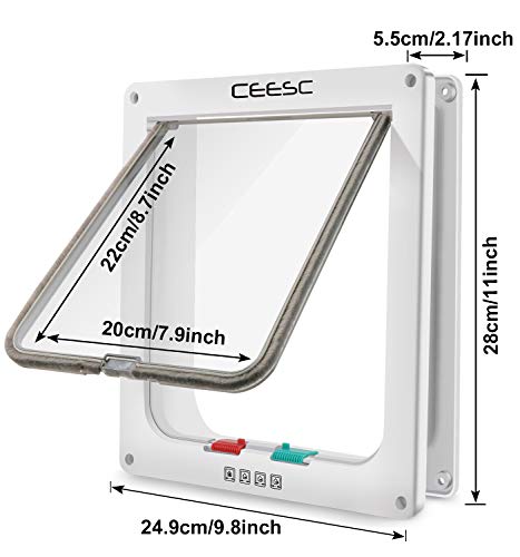 CEESC Extra Large Cat Door (Outer Size 11"x9.8"), Weatherproof, White, ABS Material, 4-Way Locking Flap for Cats & Dogs up to 25.54 lbs by CEESC - Image 3