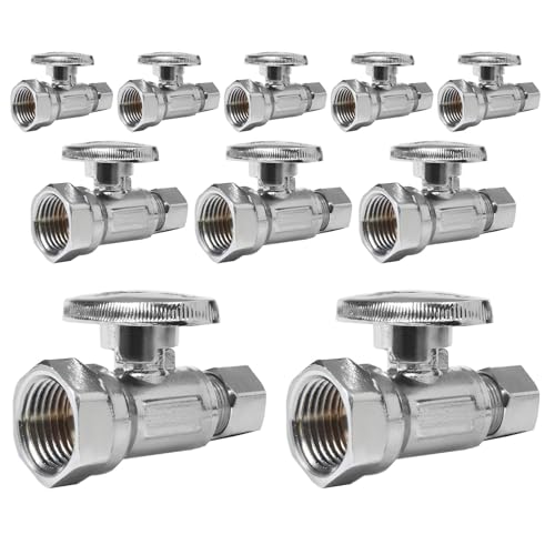 (Pack of 10) Seelink FIP 1/4 Turn Straight Stop Valve, 1/2" FIP Iron Pipe x 3/8" Compression, Chrome Plated Brass