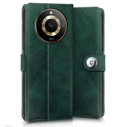 Image of WOW IMAGINE Shock Proof Flip Cover Back Case for Realme Narzo 60 PRO | 11 PRO | 11 PRO Plus 5G (Magnetic Button Flip Case | Wallet Pockets & Stand | Leather Finish | Forest Green)