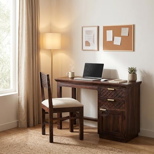 Image of NSH Solid Sheesham Wood Study Table with Chair | Wooden Writing Desk with Drawer & Door Storage | Pre-Assembled Computer Desk Workstation for Home Office & Study Room | Walnut Finish