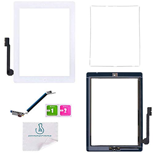 OmniRepairs Glass Touch Screen Digitizer OEM Assembly Replacement with Home Button Flex Compatible for iPad 3 (3rd Generation) with Adhesive Tape and Midframe Bezel (White)
