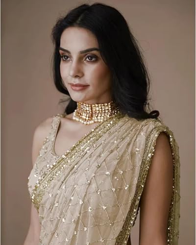 Image of VAIRAGEE Women Soft Net Silk Jari Square Shape Embroidery & Sequence Work Saree With Unstiched Blouse(6097)