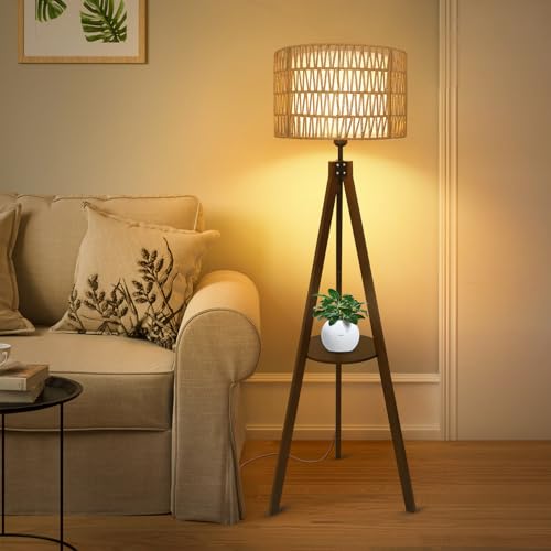 Image of LAMSU Boho Tripod Floor Lamp with Shelves, Mid Century Wood Standing Lamp with Rattan & Fabric Shades, ON /Off Foot Switch, Modern Farmhouse Tall Floor Lamps for Living Room Bedroom Office