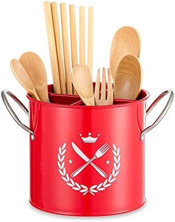 Hanobe Porta Posate Porta Utensili: Grande Retrò Porta Mestoli Da Cucina Con Divisorio Rimovibile & Maniglie In Acciaio Inossidabile Portaposate Rosso Scolare Ventilazione E A Prova Di Umidità