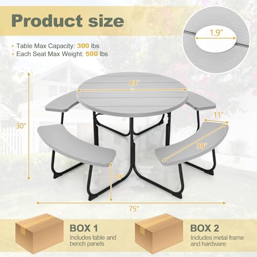 Image of Tangkula 8 Person Picnic Table, Outdoor Round Picnic Table with 4 Built-in Benches, Umbrella Hole, Metal Frame & HDPE Tabletop, Outside Table and Bench Set for Backyard, 2300lbs Weight Capacity