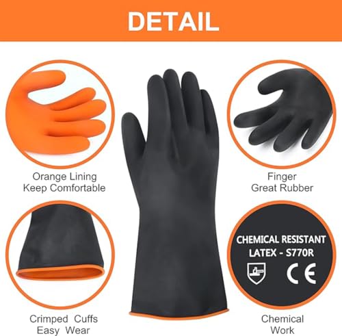14" XL Rubber Gloves, Reusable Heavy Duty Latex Gloves Industrial Safety Work Glove, Chemical Resistant Gloves, Waterproof - Image 2