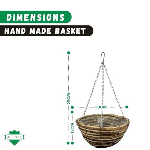 ADEPTNA Set of 2 Round Garden Hanging Baskets with Lined and Detachable Hanging Chain - Natural Basket Hanging Plants Flower Planter Pot (12’’ WICKER ROPE BASKETS) - 3