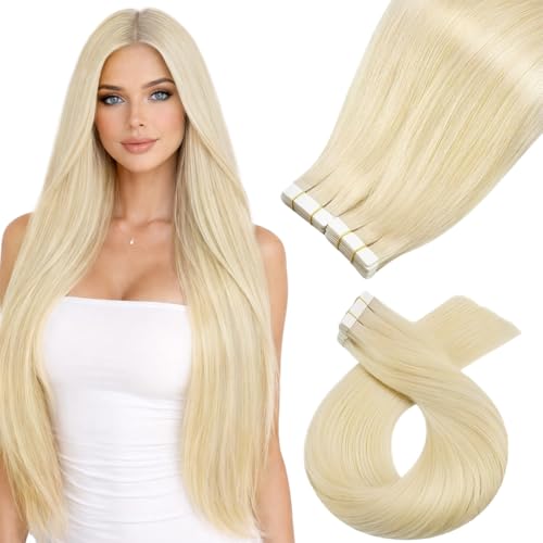 Image of Moresoo Platinum Blonde Tape in Hair Extensions Human Hair 12in 20Pcs 30g | Invisible tape in hair extensions, skin weft tabs, straight texture, shoulder-length cuts, office and weekend styling