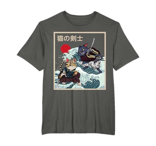 Vintage Japón Samurai Neko Asia Kanagawa Cat Camiseta