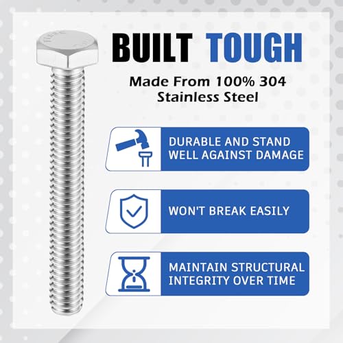 Image of Zonon 50 Pcs 3 /8-16 x 2 Hex Head Screw Bolt 18-8 (304) Stainless Steel Hexagon Bolts, Fully Threaded, Plain Finish, External Hex Drive (Silver)