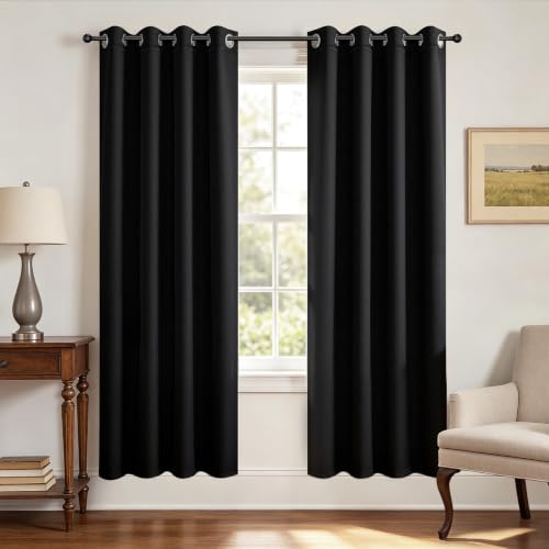 Joydeco Christmas Blackout Curtains for Living Room, Black Curtains 90 Inch Long 2 Panels Set, Room Darkening Grommet Drapes for Bedroom Window (Black, W52 x L90 Inch)
