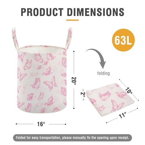 Image of Baby Laundry Basket Nursery Hamper with Long Handles, Pink Butterfly