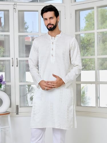 Image of See Designs Men's Full Sleeve Mandarin Collar Floral Embroidered Mandarin Collar Thread Work Straight Long Kurta - Festive Collection