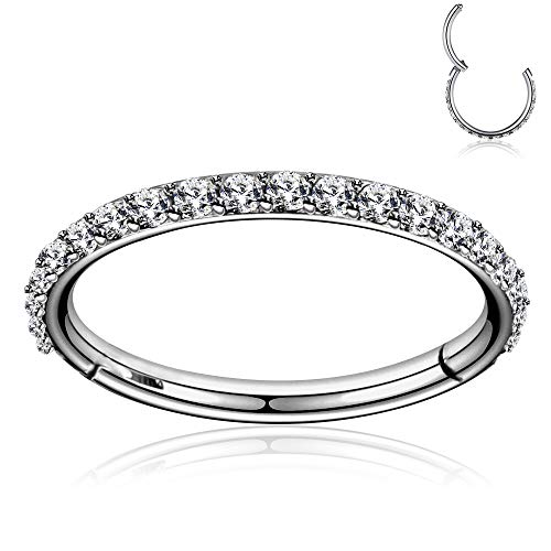 OUFER Titanium Nose Rings Hoop Solid G23 Cartilage Tragus Daith Rook Helix Rings 20G Titanium Nose Lip Septum Piercing Jewelry Hinged Segment Hoop With Clear CZ Paved