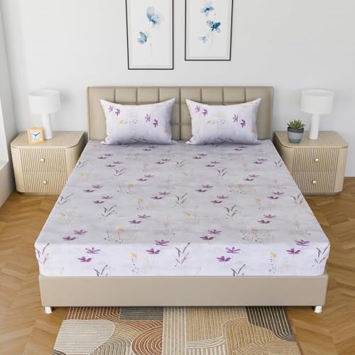 Image of LINENWALAS 100% Cotton Bed Sheet for King Size Bed, Floral Printed King Bedsheet with 2 Pillow Covers | 210 TC Soft, Breathable, Luxury Bedsheet (Haze of Lavendor, 108 x 108 Inches)